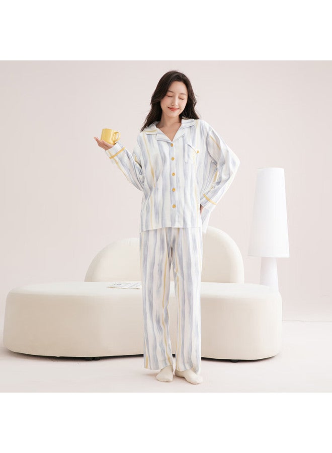 Fenton Fenteng Women's Pajamas 100% Cotton Anti-static New Striped Soft Comfortable Long Sleeve Homewear Set Soft Cotton - Image 2