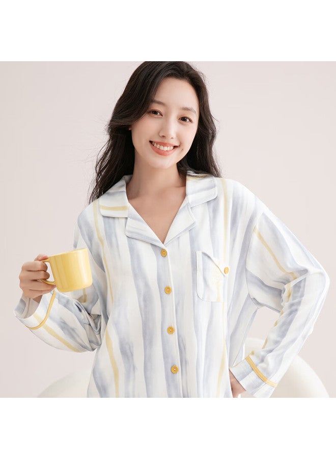 Fenton Fenteng Women's Pajamas 100% Cotton Anti-static New Striped Soft Comfortable Long Sleeve Homewear Set Soft Cotton - Image 3