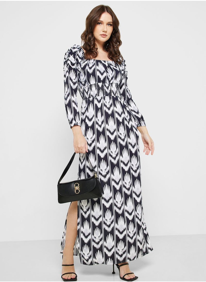 ELLA - Printed Puff Shoulder Fit & Flare Dress - Image 1