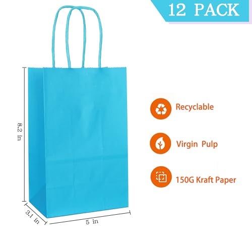 AZOWA Blue Gift Bags Small Blue Kraft Paper Bags With Handles for Party Favors (5 x 3.1 x 8.2 in, 12 CT) - Image 2