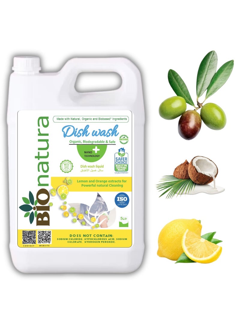 بيوناتورا - BioNatura Organic Dish Wash, Natural Grease Remover, Non-Toxic Dishwashing Liquid, Eco-Friendly Dish Soap, Plant-Based Dish Cleaner, Biodegradable Formula, Safe for Hands (5 liters) - Image 1