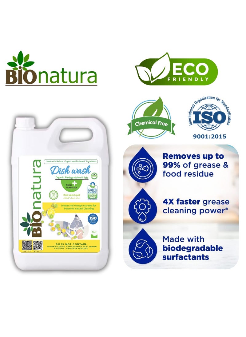 بيوناتورا - BioNatura Organic Dish Wash, Natural Grease Remover, Non-Toxic Dishwashing Liquid, Eco-Friendly Dish Soap, Plant-Based Dish Cleaner, Biodegradable Formula, Safe for Hands (5 liters) - Image 1