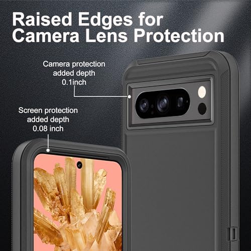 YKHJKLEC for Google Pixel 8 Pro Case, Military Grade 3 in 1 Heavy Duty Shockproof/Drop Proof/Dust Proof Case with 2Pcs Tempered Glass Screen Protector (Black/Black) - Image 3