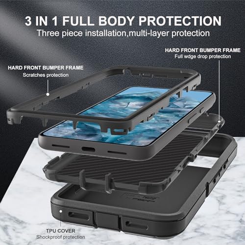 YKHJKLEC for Google Pixel 8 Pro Case, Military Grade 3 in 1 Heavy Duty Shockproof/Drop Proof/Dust Proof Case with 2Pcs Tempered Glass Screen Protector (Black/Black) - Image 4