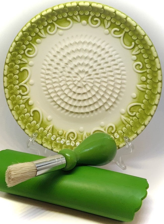 BonCera, All-in-one Premium Ceramic Garlic Grater Plate 4-Piece Set - Green Embossed Design and Style - For Garlic, Ginger, Chocolate, and more! - Comes with 5.25" Plate, Peeler, Brush, and Stand - Image 4