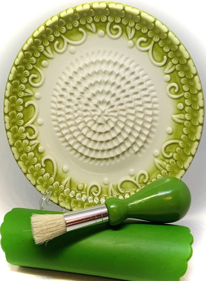 BonCera, All-in-one Premium Ceramic Garlic Grater Plate 4-Piece Set - Green Embossed Design and Style - For Garlic, Ginger, Chocolate, and more! - Comes with 5.25" Plate, Peeler, Brush, and Stand - Image 1