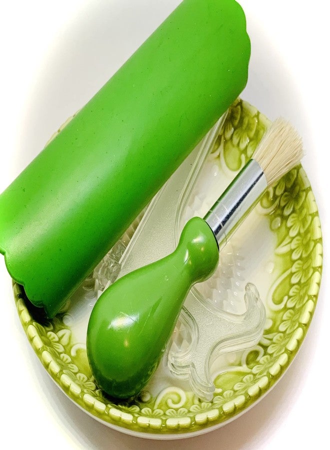 BonCera, All-in-one Premium Ceramic Garlic Grater Plate 4-Piece Set - Green Embossed Design and Style - For Garlic, Ginger, Chocolate, and more! - Comes with 5.25" Plate, Peeler, Brush, and Stand - Image 2
