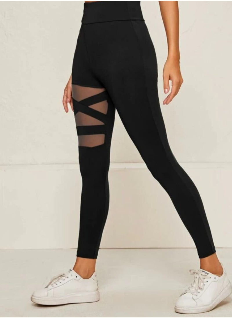 Leggings with a Wide Waistband with a Mesh Design