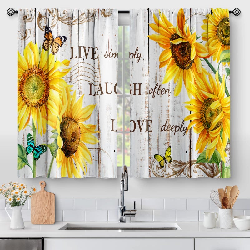 Aimego Sunflower Country Floral Kitchen Curtains  Rustic Vintage Flowers Farmhouse Short Cafe Curtains Retro Butterfly Decor for Living Room Window Drapes 36 Inch Length 2 Panels Set