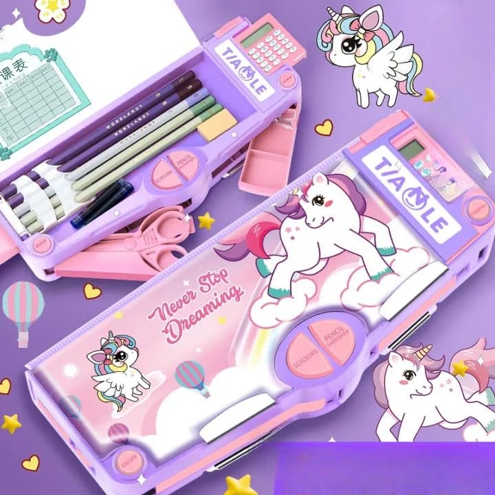 Parshya Multifunctional School Pencil Box with Calculator Cute Cartoon Stationary Compass for Boys Geometry Kids with Inbuilt Scissor Ruler Eraser & Sharpener Magnetic Box Best Gifts (Pink Unicorn) - Image 2