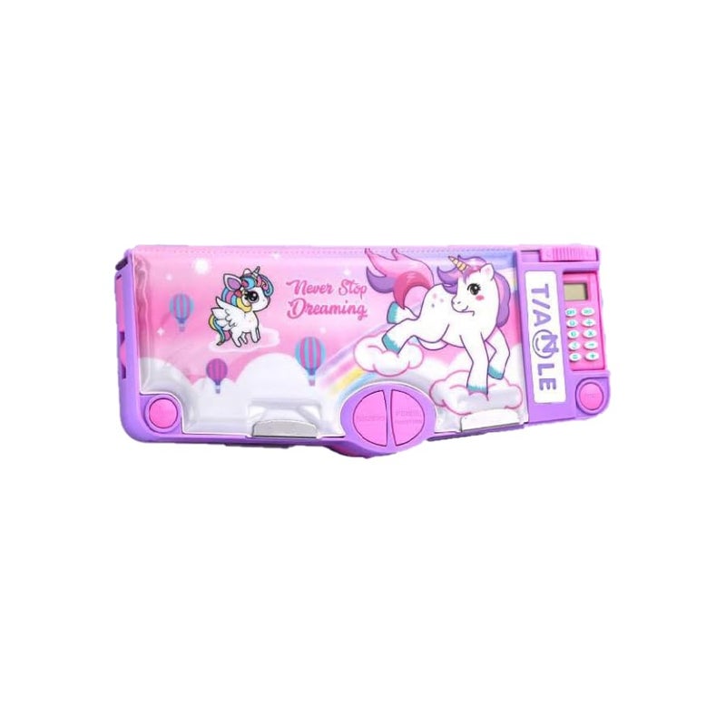 Parshya Multifunctional School Pencil Box with Calculator Cute Cartoon Stationary Compass for Boys Geometry Kids with Inbuilt Scissor Ruler Eraser & Sharpener Magnetic Box Best Gifts (Pink Unicorn) - Image 1