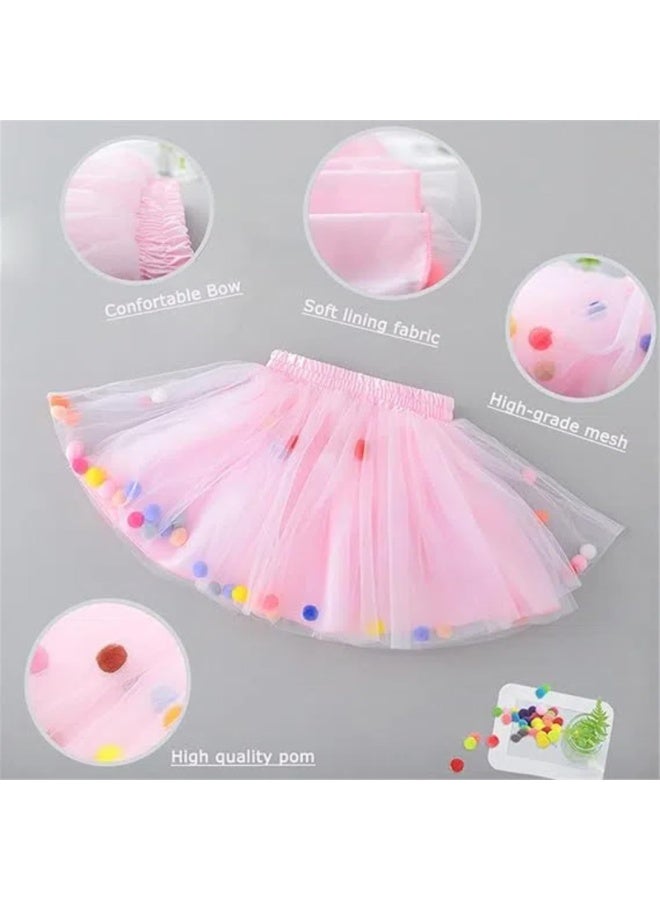 LAMAY Dress for Girls, Colorful Tutu Skirt, Tulle Skirt, Princess Dress, Princess Outfit, Ballet Tutu Skirt, Flowing Pom Poms (Pink-M-110) - Image 5