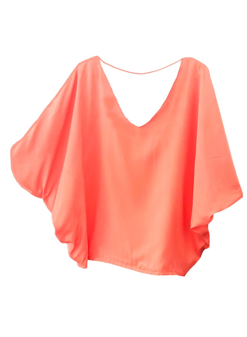SOLOBUY Cotton Blouse, Batwing Sleeve, Breathable Fabric, V-neck, Coral Color  - Image 1