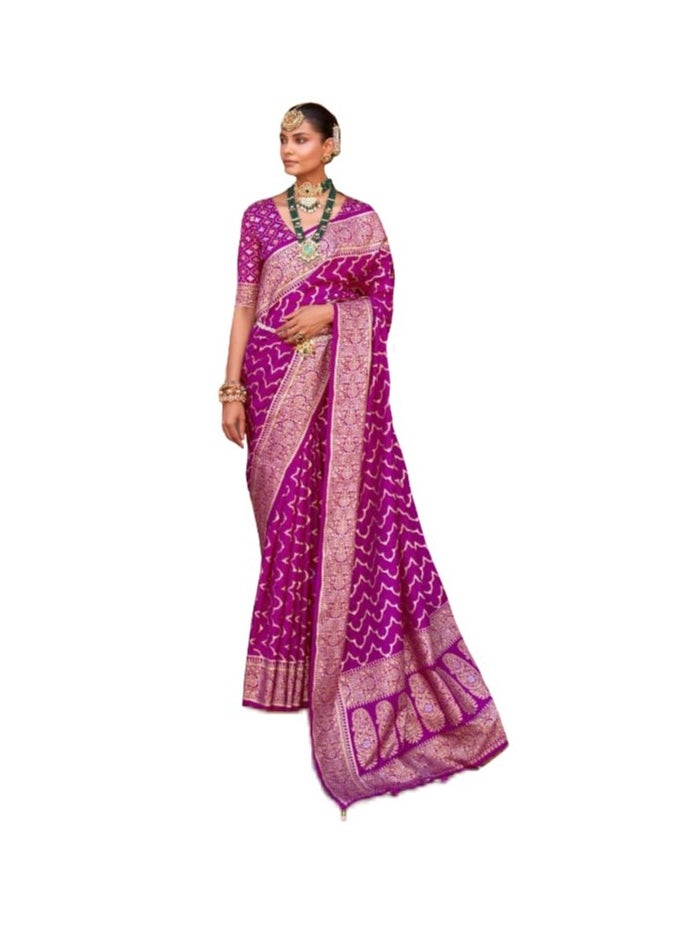 Grab Mantra - Purple Banaras Golden Foil Design Saree With Traditional Border Plus Unstitched Blouse. - Image 1