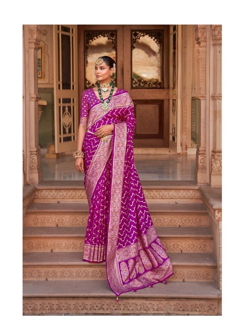Grab Mantra - Purple Banaras Golden Foil Design Saree With Traditional Border Plus Unstitched Blouse. - Image 1