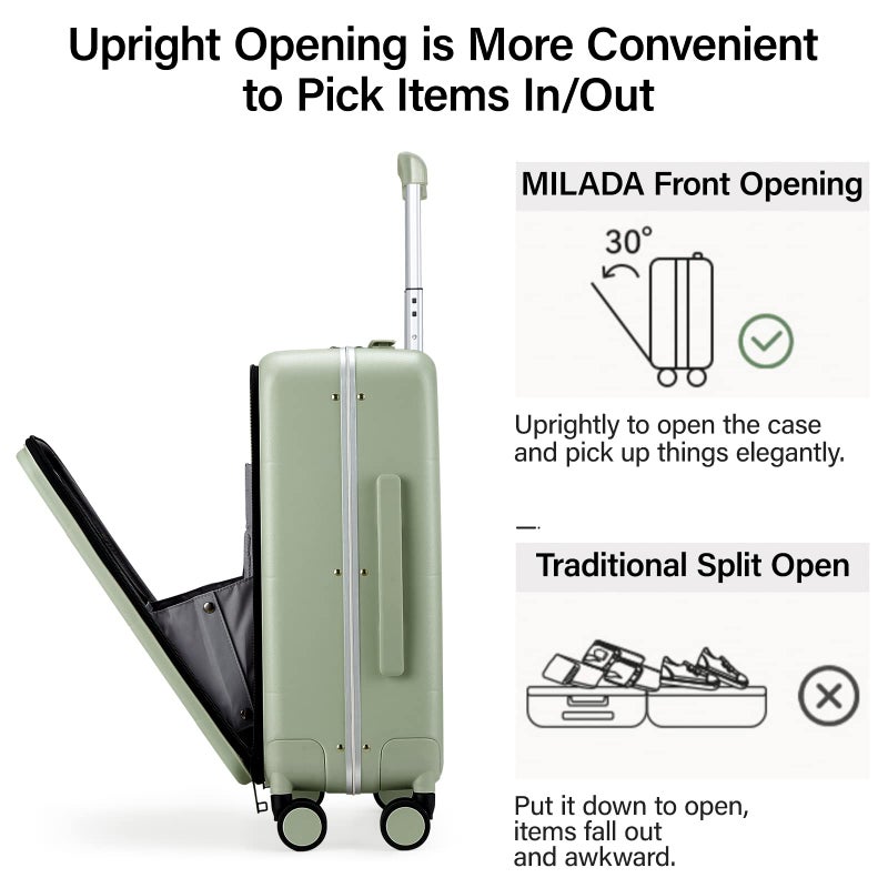 MILADA Carry On Luggage 22x14x9 Airline Approved Spinner Wheels TSA Luggage 20 Inch Hard Shell Suitcases Front Opening Pocket Rolling Aluminum Frame Travel Luggage, Bamboo Green - Image 4