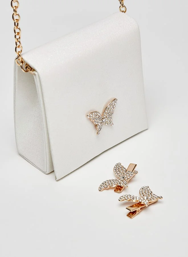MISSY Little Missy Textured Crossbody Bag with Butterfly Accent and Chain Strap