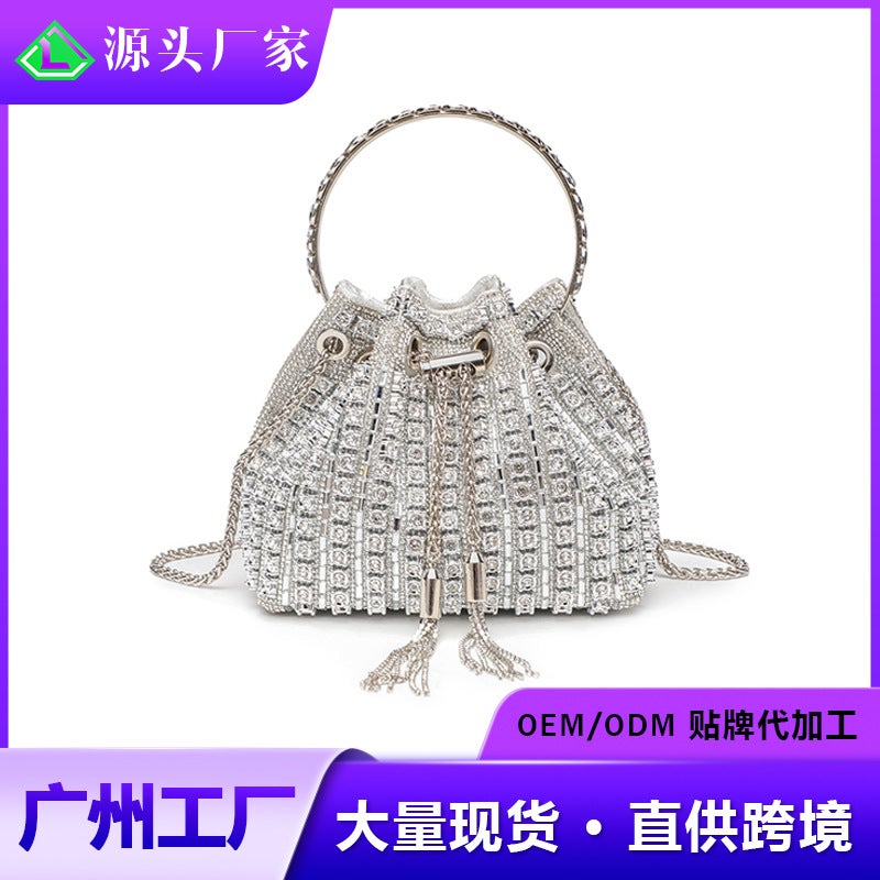 Evening Bag For Women 2026 New Style Elegant Diamond-Encrusted Handbag Chain Simple Fashion Full Diamond Tassel Bucket Bag - Image 2