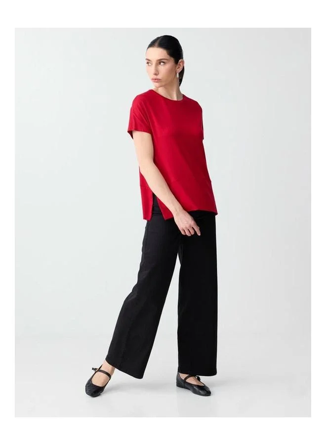 Jimmy Key Red Relaxed Fit Round Neck Low Shoulder Knit Blouse.