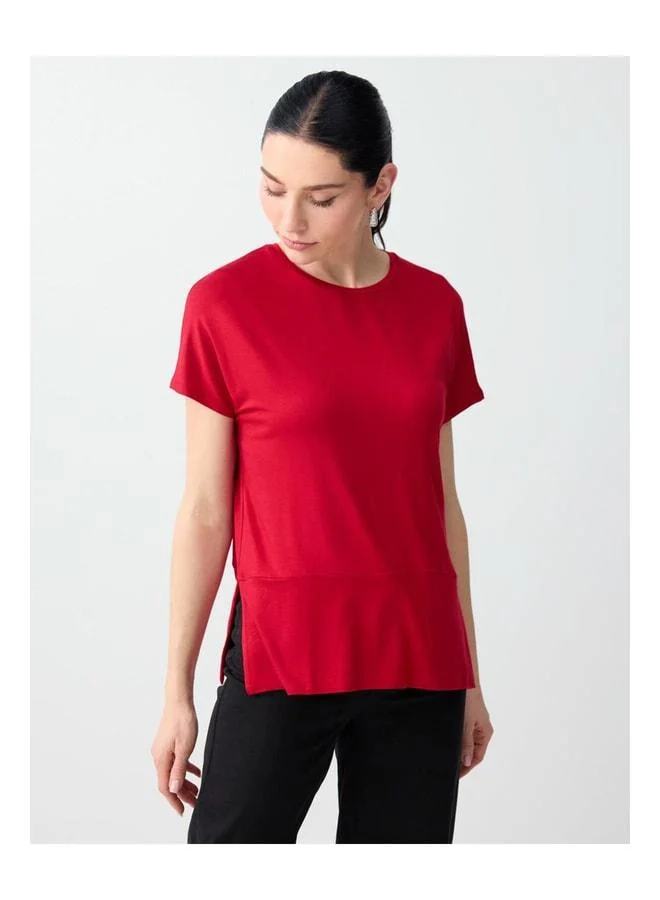 Jimmy Key Red Relaxed Fit Round Neck Low Shoulder Knit Blouse.