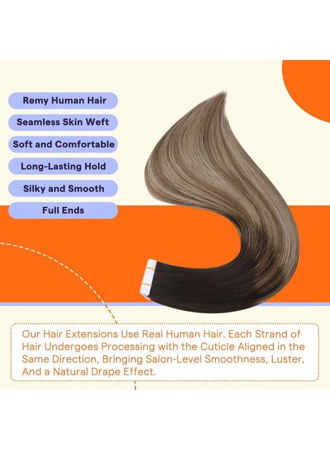 Fshine Full 14" Tape in Hair Extensions Skin Weft Real Hair Extensions Balayage Hair Color #2 Fading to #6 and #18 Ash Blonde Full Head Tape in Tape in Hair Extensions 50g 20 Pcs Per Package - Image 2