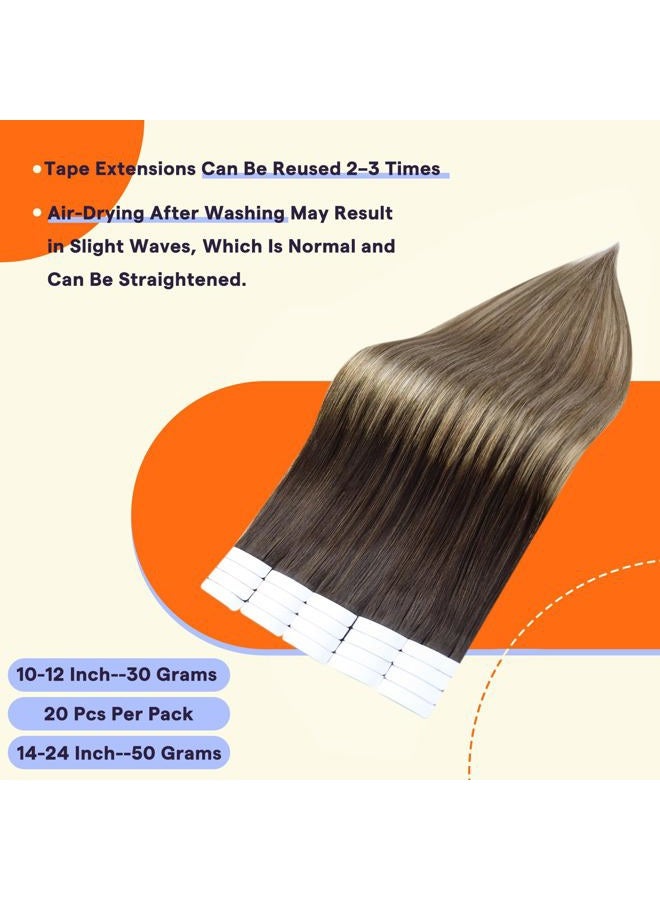 Fshine Full 14" Tape in Hair Extensions Skin Weft Real Hair Extensions Balayage Hair Color #2 Fading to #6 and #18 Ash Blonde Full Head Tape in Tape in Hair Extensions 50g 20 Pcs Per Package - Image 3