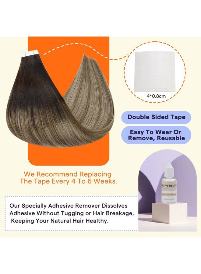 Fshine Full 14" Tape in Hair Extensions Skin Weft Real Hair Extensions Balayage Hair Color #2 Fading to #6 and #18 Ash Blonde Full Head Tape in Tape in Hair Extensions 50g 20 Pcs Per Package - Image 4