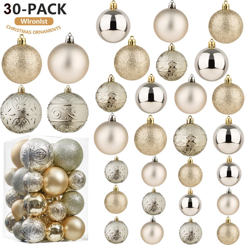 Wironlst Christmas Ball Olments - 30pcs الحلي عيد الميلاد البلاستيكية المضادة للبلاستيك الحلي معلقة زخارف الكرة لحفل زفاف الشجرة في عيد الميلاد (شمبانيا متعددة الحجم) - Image 2