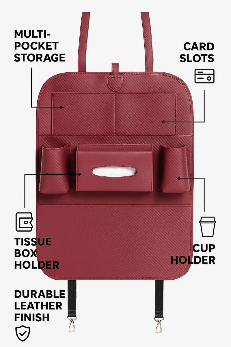 Backseat Car Organizer – Waterproof Seat Protector and Kick Mat with Cup Holders, Tissue Dispenser, and Storage Pockets – Universal Fit for Cars, SUVs, and Trucks (Maroon CarbonFiber) - Image 3