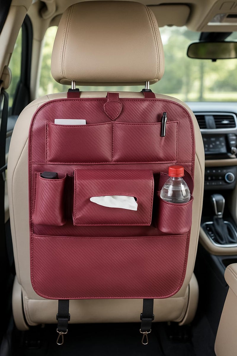 Backseat Car Organizer – Waterproof Seat Protector and Kick Mat with Cup Holders, Tissue Dispenser, and Storage Pockets – Universal Fit for Cars, SUVs, and Trucks (Maroon CarbonFiber) - Image 1