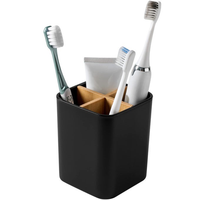 BAMBOO TOOTHBRUSH HOLDER FOR BATHROOMS 4 SLOTS TOOTHBRUSH AND TOOTHPASTE HOLDER BATHROOM COUNTER ORGANIZER FOR ELECTRIC TOOTHBRUSHES FLOSS RAZORS BLACK