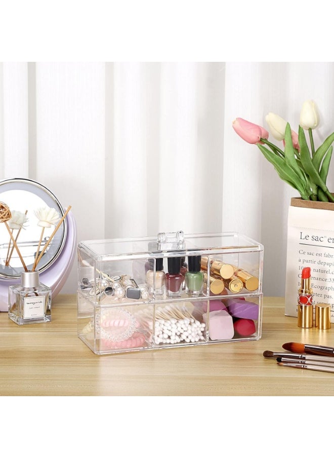 Plan A - Double Layer Clear Acrylic Cosmetic Organizer with Lid – Stackable Rectangle Design with 6 Multi-Use Compartments – Makeup Storage Box, Cotton Balls, Makeup Remover Pads for Dressing Table - Image 1