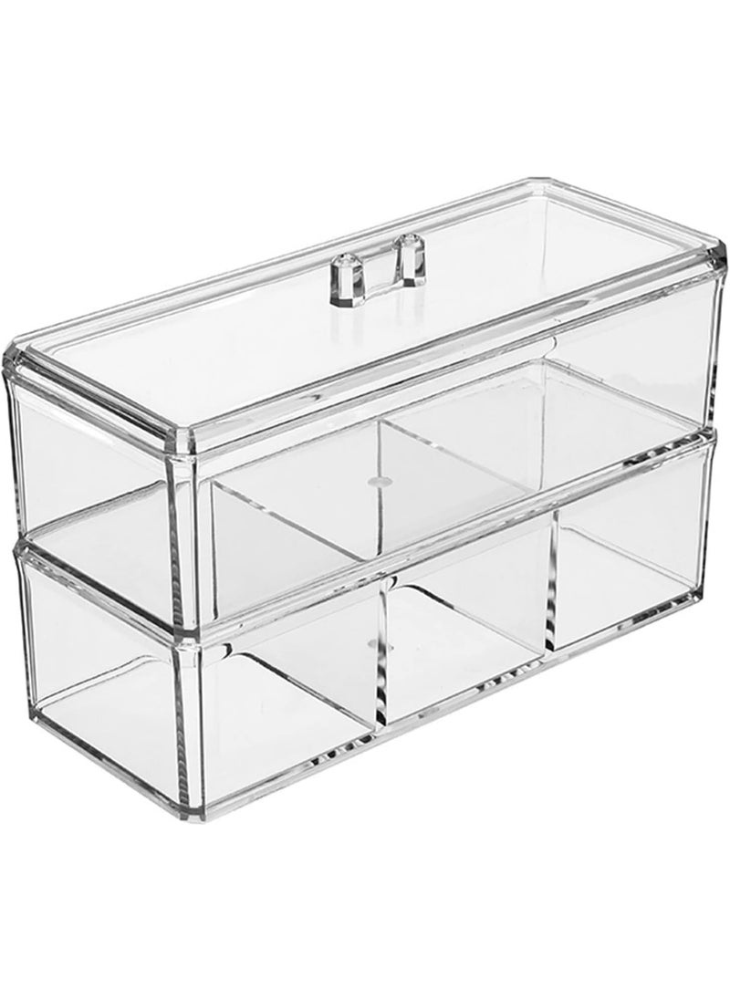 Plan A - Double Layer Clear Acrylic Cosmetic Organizer with Lid – Stackable Rectangle Design with 6 Multi-Use Compartments – Makeup Storage Box, Cotton Balls, Makeup Remover Pads for Dressing Table - Image 1