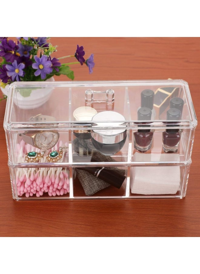 Plan A - Double Layer Clear Acrylic Cosmetic Organizer with Lid – Stackable Rectangle Design with 6 Multi-Use Compartments – Makeup Storage Box, Cotton Balls, Makeup Remover Pads for Dressing Table - Image 1
