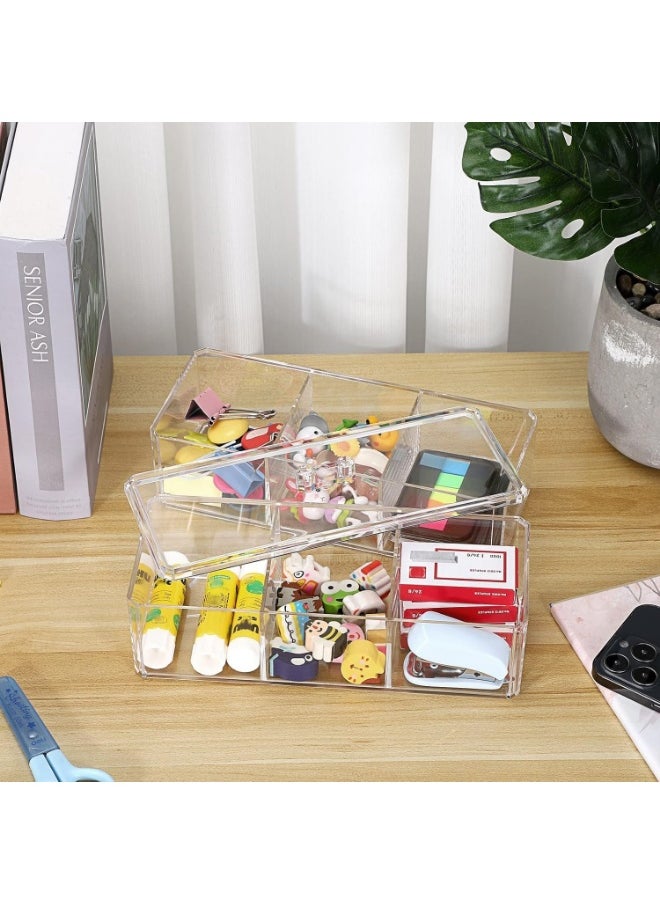 Plan A - Double Layer Clear Acrylic Cosmetic Organizer with Lid – Stackable Rectangle Design with 6 Multi-Use Compartments – Makeup Storage Box, Cotton Balls, Makeup Remover Pads for Dressing Table - Image 1