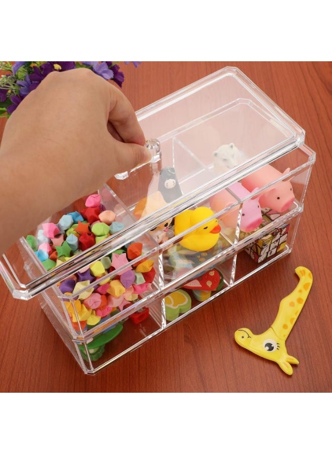 Plan A - Double Layer Clear Acrylic Cosmetic Organizer with Lid – Stackable Rectangle Design with 6 Multi-Use Compartments – Makeup Storage Box, Cotton Balls, Makeup Remover Pads for Dressing Table - Image 1