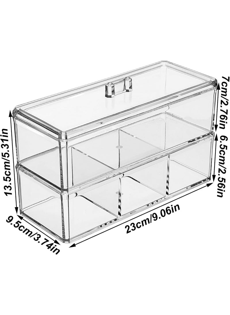 Plan A - Double Layer Clear Acrylic Cosmetic Organizer with Lid – Stackable Rectangle Design with 6 Multi-Use Compartments – Makeup Storage Box, Cotton Balls, Makeup Remover Pads for Dressing Table - Image 1