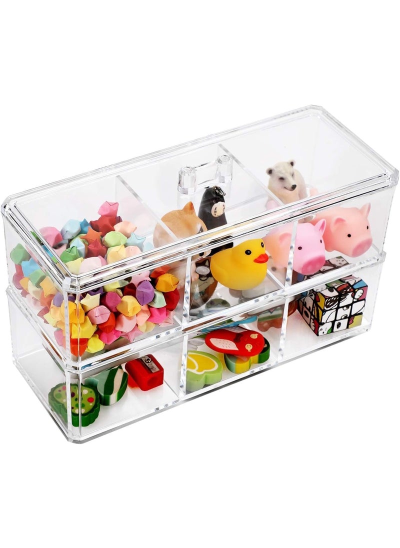 Plan A - Double Layer Clear Acrylic Cosmetic Organizer with Lid – Stackable Rectangle Design with 6 Multi-Use Compartments – Makeup Storage Box, Cotton Balls, Makeup Remover Pads for Dressing Table - Image 1