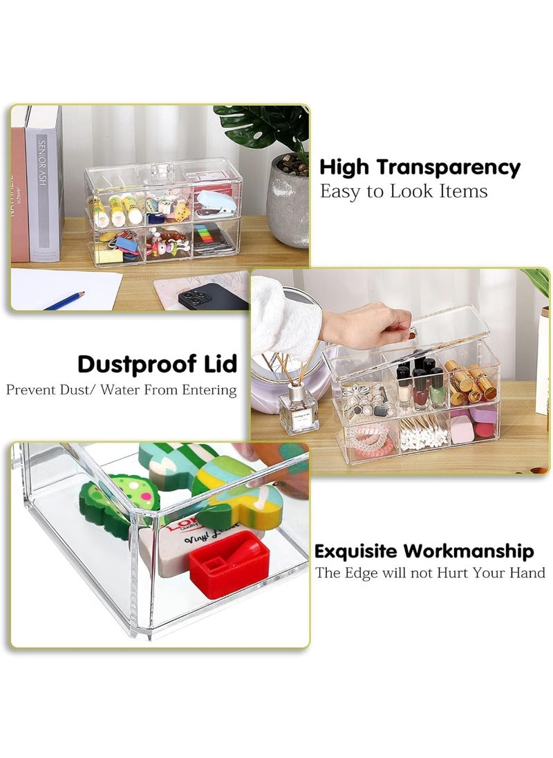 Plan A - Double Layer Clear Acrylic Cosmetic Organizer with Lid – Stackable Rectangle Design with 6 Multi-Use Compartments – Makeup Storage Box, Cotton Balls, Makeup Remover Pads for Dressing Table - Image 1