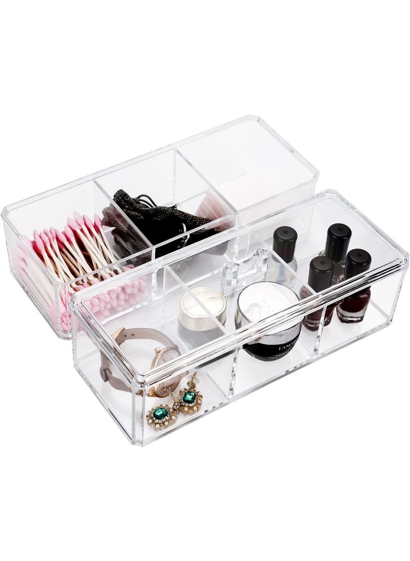 Plan A - Double Layer Clear Acrylic Cosmetic Organizer with Lid – Stackable Rectangle Design with 6 Multi-Use Compartments – Makeup Storage Box, Cotton Balls, Makeup Remover Pads for Dressing Table - Image 1