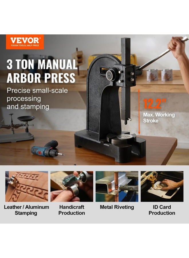 VEVOR Arbor Press, 3 Ton Manual Arbor Press, 12.2" Maximum Height, Cast Iron Heavy-duty Manual Desktop Arbor Press, Precision Hand Press for Stamping, Bending, Stretching, Forming - Image 2