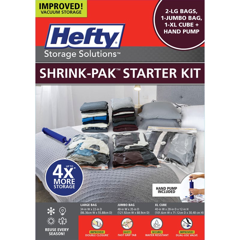 Hefty ShrinkPak Starter Kit  2 Large 1 XL Cube 1 Jumbo Vacuum Seal Storage Bag and Hand Pump  Space Saver Bags for Clothing Pillows Towels or Blankets 5 Pc Set