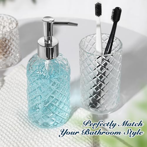 RYTOXILO Bathroom Accessories Set, 4 Pack Clear Glass Bath Accessory Sets Complete, Diamond Soap Dispenser and Toothbrush Holder Set for Bathroom Counter Organizer Essentials, Modern Bathroom Decor - Image 4