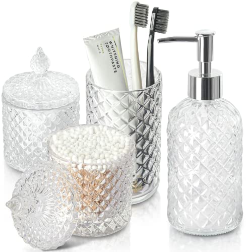 RYTOXILO Bathroom Accessories Set, 4 Pack Clear Glass Bath Accessory Sets Complete, Diamond Soap Dispenser and Toothbrush Holder Set for Bathroom Counter Organizer Essentials, Modern Bathroom Decor - Image 1