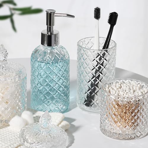 RYTOXILO Bathroom Accessories Set, 4 Pack Clear Glass Bath Accessory Sets Complete, Diamond Soap Dispenser and Toothbrush Holder Set for Bathroom Counter Organizer Essentials, Modern Bathroom Decor - Image 5