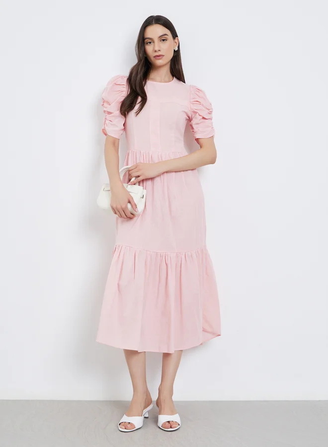 Take Two Take Two Pink Ruched Sleeve A-Line Midi Dress
