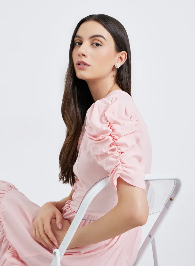 Take Two Take Two Pink Ruched Sleeve A-Line Midi Dress