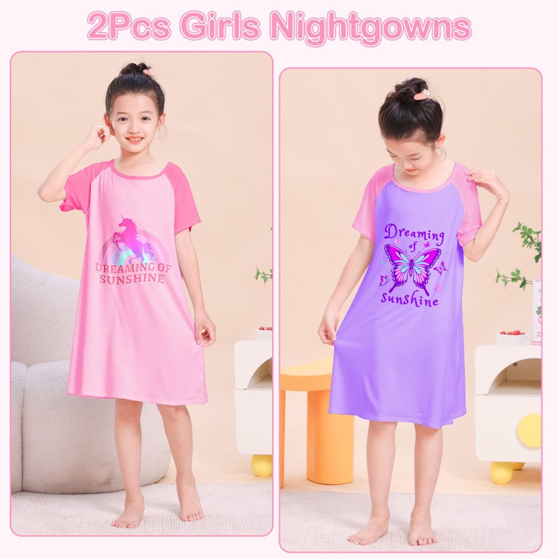 Play Tailor 2Pcs Girls Nightgowns Kids Pajamas Princess Nightgown Dress Sleepwear for Toddler Little Girls, Pink/Purple, 10-11 Y - Image 2