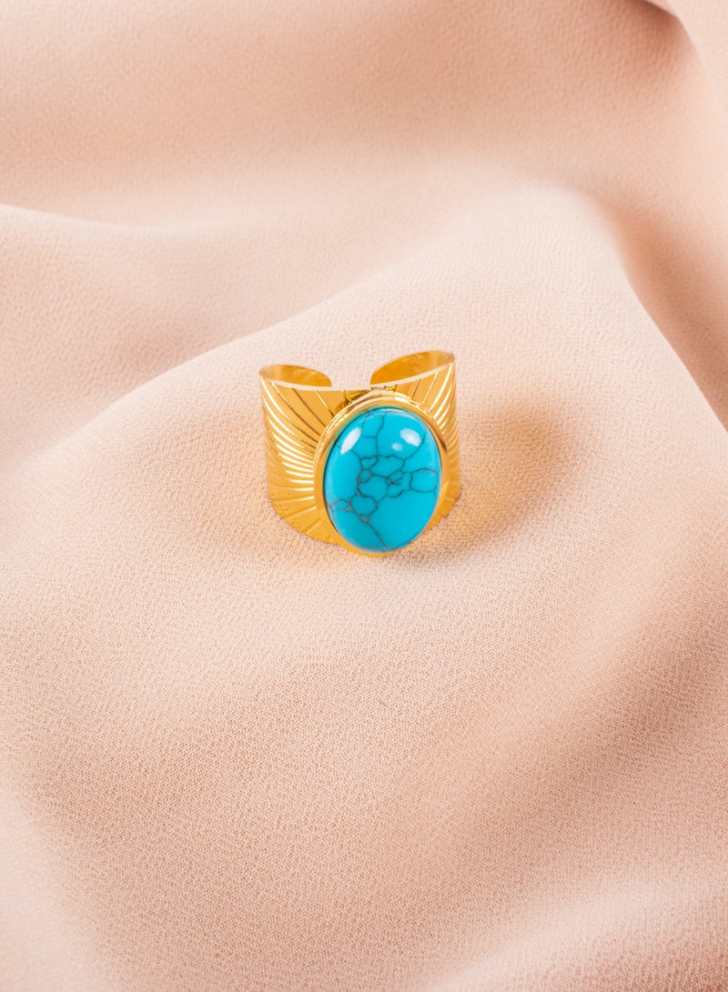 The Black Pearl Accessories Free Size Stainless Steel Golden Ring With Turquoise Stone  - Image 1