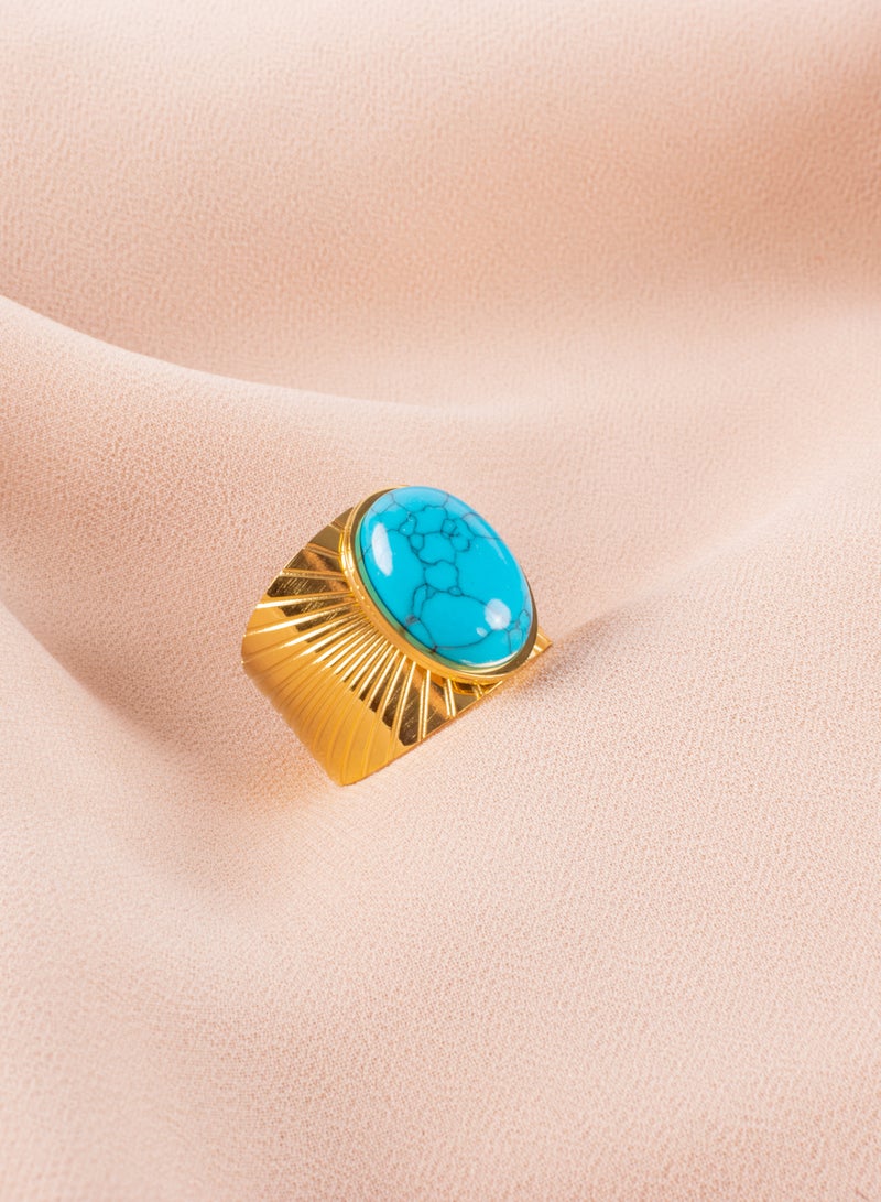 The Black Pearl Accessories Free Size Stainless Steel Golden Ring With Turquoise Stone  - Image 2